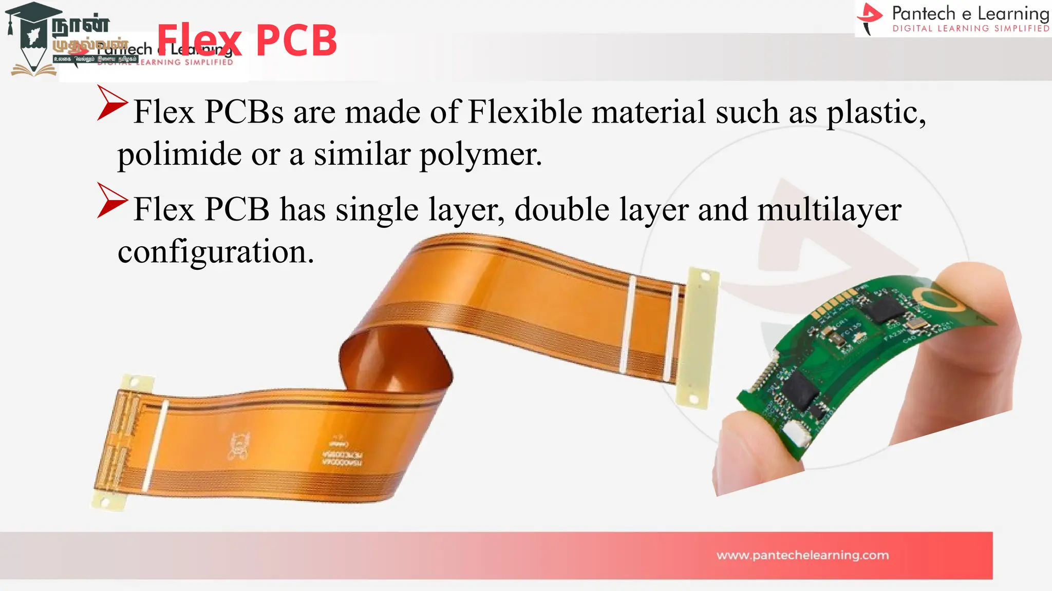 Flex PCB
Flex PCBs are made of Flexible material such as plastic,
polimide or a similar polymer.
Flex PCB has single layer, double layer and multilayer
configuration.
 