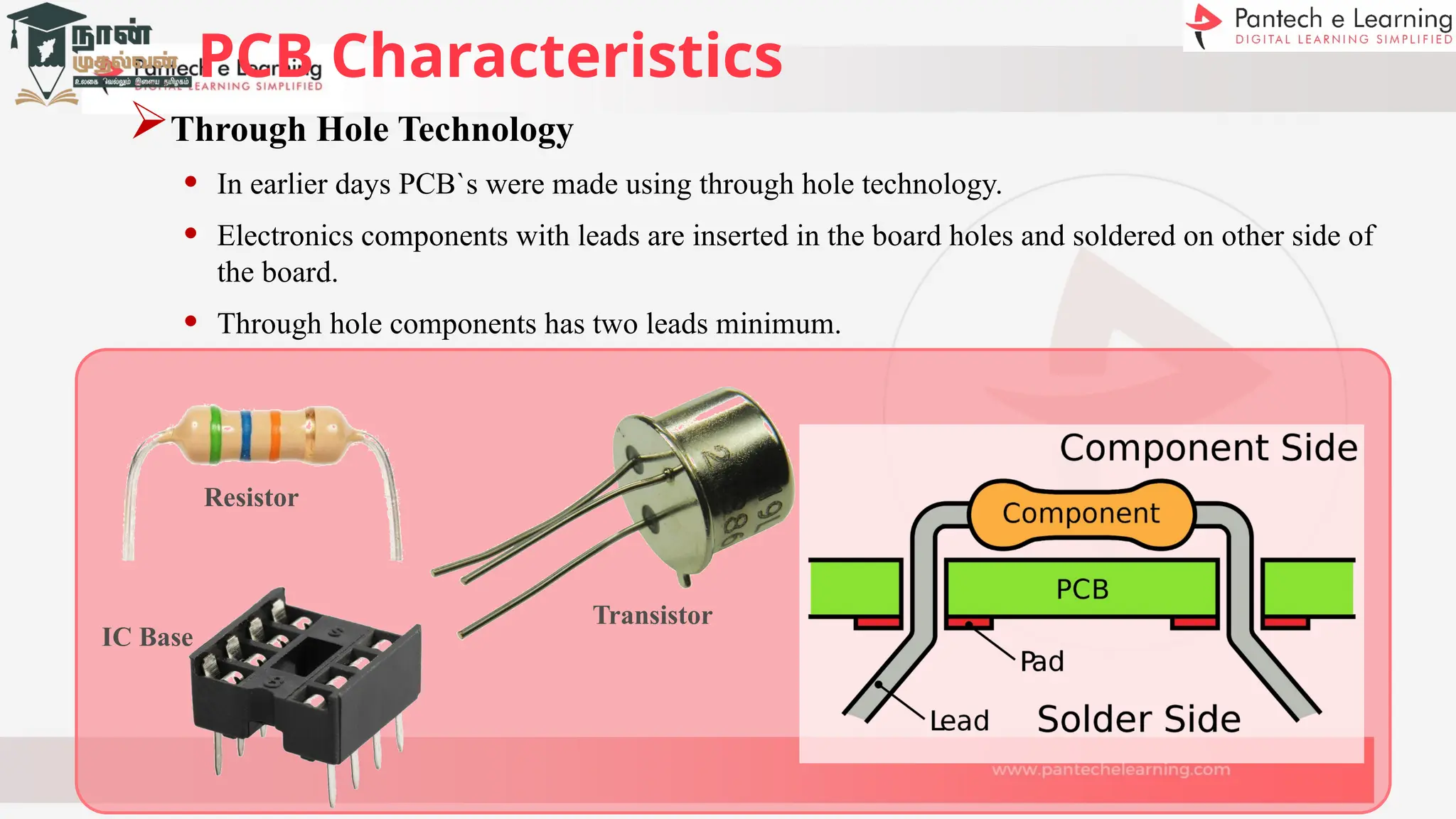 PCB Characteristics
Through Hole Technology
• In earlier days PCB`s were made using through hole technology.
• Electronics components with leads are inserted in the board holes and soldered on other side of
the board.
• Through hole components has two leads minimum.
Resistor
Transistor
IC Base
 