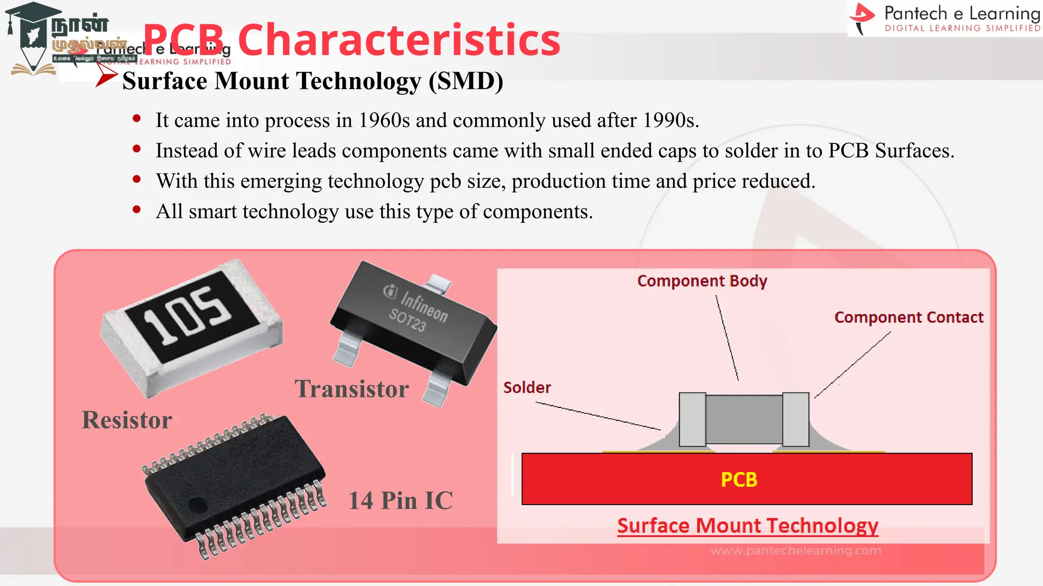PCB Characteristics
Surface Mount Technology (SMD)
• It came into process in 1960s and commonly used after 1990s.
• Instead of wire leads components came with small ended caps to solder in to PCB Surfaces.
• With this emerging technology pcb size, production time and price reduced.
• All smart technology use this type of components.
Resistor
Transistor
14 Pin IC
 