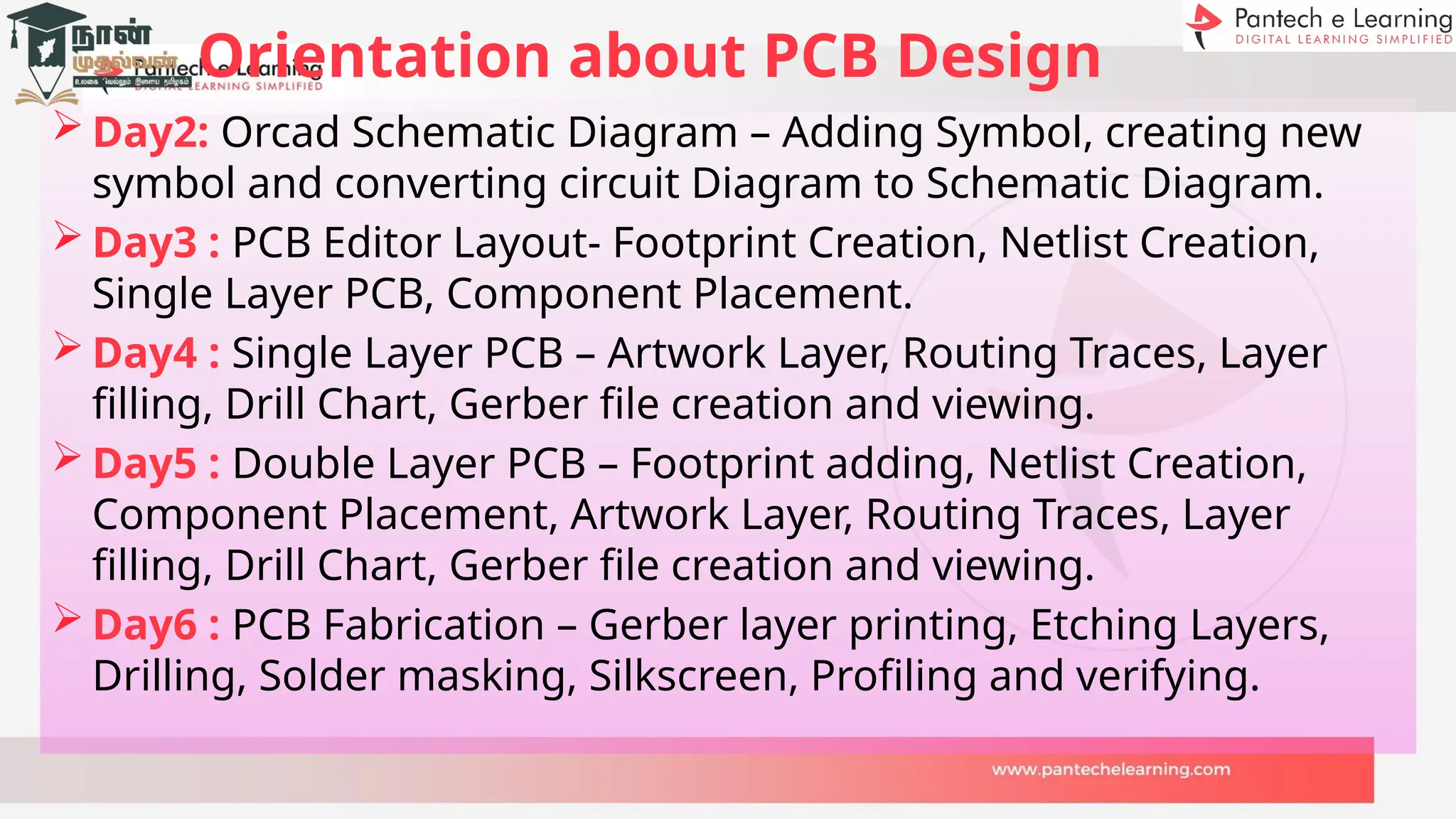 Orientation about PCB Design
 Day2: Orcad Schematic Diagram – Adding Symbol, creating new
symbol and converting circuit Diagram to Schematic Diagram.
 Day3 : PCB Editor Layout- Footprint Creation, Netlist Creation,
Single Layer PCB, Component Placement.
 Day4 : Single Layer PCB – Artwork Layer, Routing Traces, Layer
filling, Drill Chart, Gerber file creation and viewing.
 Day5 : Double Layer PCB – Footprint adding, Netlist Creation,
Component Placement, Artwork Layer, Routing Traces, Layer
filling, Drill Chart, Gerber file creation and viewing.
 Day6 : PCB Fabrication – Gerber layer printing, Etching Layers,
Drilling, Solder masking, Silkscreen, Profiling and verifying.
 
