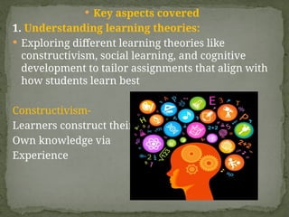  Key aspects covered
1. Understanding learning theories:
 Exploring different learning theories like
constructivism, social learning, and cognitive
development to tailor assignments that align with
how students learn best
Constructivism-
Learners construct their
Own knowledge via
Experience
 