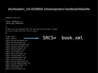 doc/head/en_US.ISO8859-1/books/porters-handbook/Makefile
●
FORMATS?= html-split
●
●
INSTALL_COMPRESSED?= gz
●
INSTALL_ONLY_COMPRESSED?=
●
●
#
●
# SRCS lists the individual XML files that make up the document. Changes
●
# to any of these files will force a rebuild
●
#
●
●
# XML content
●
SRCS= book.xml
●
SRCS+= porting-why/chapter.xml
●
SRCS+= new-port/chapter.xml
●
SRCS+= quick-porting/chapter.xml
● SRCS+= slow-porting/chapter.xml
●
SRCS+= makefiles/chapter.xml
●
SRCS+= special/chapter.xml
●
SRCS+= plist/chapter.xml
●
SRCS+= pkg-files/chapter.xml
●
SRCS+= testing/chapter.xml
●
SRCS+= upgrading/chapter.xml
●
SRCS+= security/chapter.xml
●
SRCS+= porting-dads/chapter.xml
●
SRCS+= porting-samplem/chapter.xml
●
SRCS+= keeping-up/chapter.xml
●
SRCS+= uses/chapter.xml
●
SRCS+= versions/chapter.xml
●
SRCS= book.xml
 
