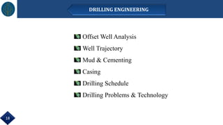 Offset Well Analysis
Well Trajectory
Mud & Cementing
Casing
Drilling Schedule
Drilling Problems & Technology
18
DRILLING ENGINEERING
 