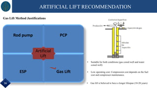 Rod pump PCP
ESP Gas Lift
Artificial
Lift
• Low operating cost. Compression cost depends on the fuel
cost and compressor maintenance.
• Suitable for both conditions (gas coned well and water
coned well)
• Gas lift is believed to have a longer lifespan (10-20 years)
Gas Lift Method Justifications
ARTIFICIAL LIFT RECOMMENDATION
36
 