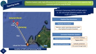 Pipeline System: safe, high efficiency for oil transmission, wide transmission capacity, high
economic profit for long life field.
Petronas’s Samarang (1975) oil field with 6-
in. OD natural gas pipeline and 8-in. OD
crude oil pipeline.
Pipeline Flow Assurance:
Hydrate formation
Maintain system operating pressure lower
than hydrate formation threshold
Corrosion Protection System:
Internal Protection
External Protection Cathodic protection
DC current through metal
Corrosion inhibitors
Pigging debris
Location of GM and Samarang fields
48
 