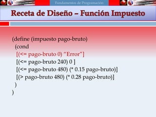(define (impuesto pago-bruto)
(cond
[(<= pago-bruto 0) “Error”]
[(<= pago-bruto 240) 0 ]
[(<= pago-bruto 480) (* 0.15 pago-bruto)]
[(> pago-bruto 480) (* 0.28 pago-bruto)]
)
)
Fundamentos de Programación
 