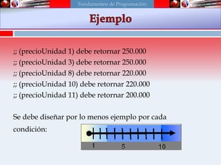 ;; (precioUnidad 1) debe retornar 250.000
;; (precioUnidad 3) debe retornar 250.000
;; (precioUnidad 8) debe retornar 220.000
;; (precioUnidad 10) debe retornar 220.000
;; (precioUnidad 11) debe retornar 200.000
Se debe diseñar por lo menos ejemplo por cada
condición:
Fundamentos de Programación
 