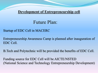 Development of Entrepreneurship cell
Future Plan:
 