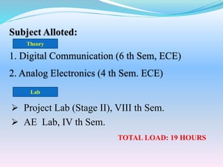  Project Lab (Stage II), VIII th Sem.
 AE Lab, IV th Sem.
Theory
Lab
TOTAL LOAD: 19 HOURS
 