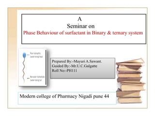 A
Seminar on
Phase Behaviour of surfactant in Binary & ternary system
Prepared By:-Mayuri A.Sawant.
Guided By:-Mr.U.C.Galgatte
Roll No:-PH111
Modern college of Pharmacy Nigadi pune 44
 