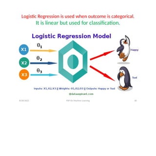 Logistic Regression is used when outcome is categorical.
It is linear but used for classification.
8/20/2022 FDP On Machine Learning 30
 