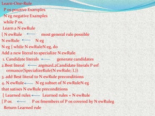 Learn-One-Rule
P os positive Examples
N eg negative Examples
while P os,
Learn a N ewRule
{ N ewRule most general rule possible
N ewRule N eg
N eg { while N ewRuleN eg, do
Add a new literal to specialize N ewRule
1. Candidate literals generate candidates
2.Best literal argmaxL2Candidate literals P erf
ormance(SpecializeRule(N ewRule; L))
3. add Best literal to N ewRule preconditions
4. N ewRule N eg subset of N ewRuleN eg
that satises N ewRule preconditions
{ Learned rules Learned rules + N ewRule
{ P os P os fmembers of P os covered by N ewRuleg
Return Learned rule
 