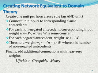 28
Creating Network Equivalent to Domain
Theory
Create one unit per horn clause rule (an AND unit)
Connect unit inputs to corresponding clause
antecedents
For each non-negated antecedent, corresponding input
weight w  W, where W is some constant
For each negated antecedent, weight w  -W
Threshold weight w0  -(n - .5) W, where n is number
of non-negated antecedents
Finally, add additional connections with near-zero
weights
Liftable  Graspable, ¬Heavy
 
