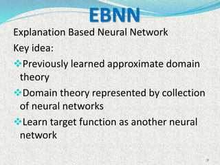 31
EBNN
Explanation Based Neural Network
Key idea:
Previously learned approximate domain
theory
Domain theory represented by collection
of neural networks
Learn target function as another neural
network
 