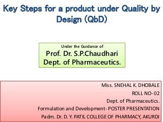 Key Steps for a product under Quality by
Design (QbD)
Miss. SNEHAL K. DHOBALE
ROLL NO- 02
Dept. of Pharmaceutics.
Formulation and Development- POSTER PRESENTATION
Padm. Dr. D. Y. PATIL COLLEGE OF PHARMACY, AKURDI
Under the Guidance of
Prof. Dr. S.P.Chaudhari
Dept. of Pharmaceutics.
 