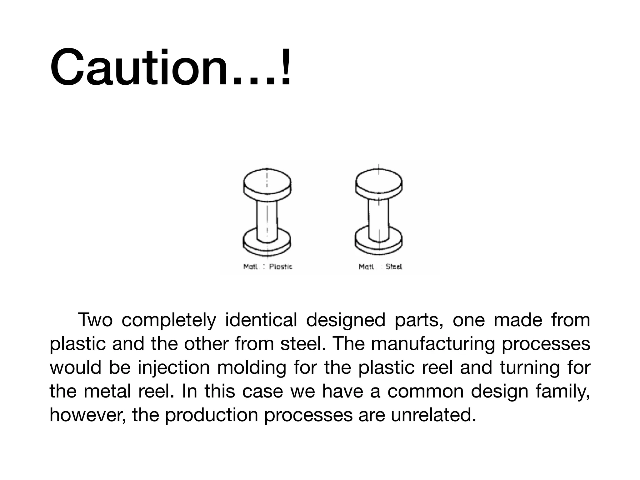 Caution…!
	 Two completely identical designed parts, one made from
plastic and the other from steel. The manufacturing processes
would be injection molding for the plastic reel and turning for
the metal reel. In this case we have a common design family,
however, the production processes are unrelated.  
 