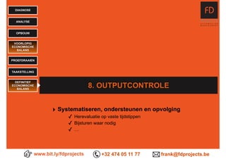 www.bit.ly/fdprojects +32 474 05 11 77 frank@fdprojects.be
DIAGNOSE
ANALYSE
OPBOUW
VOORLOPIG
ECONOMISCHE
BALANS
PROEFDRAAIEN
TAAKSTELLING
8. OUTPUTCONTROLE
DEFINITIEF
ECONOMISCHE
BALANS
‣ Systematiseren, ondersteunen en opvolging
✓ Herevaluatie op vaste tijdstippen
✓ Bijsturen waar nodig
✓ …
 