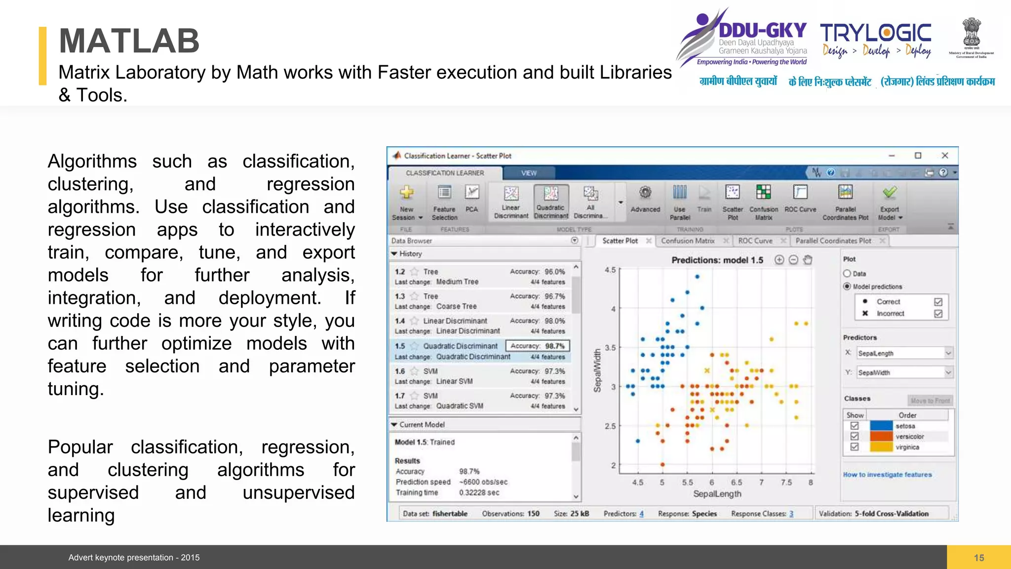 Advert keynote presentation - 2015
MATLAB
Matrix Laboratory by Math works with Faster execution and built Libraries
& Tools.
15
04
Algorithms such as classification,
clustering, and regression
algorithms. Use classification and
regression apps to interactively
train, compare, tune, and export
models for further analysis,
integration, and deployment. If
writing code is more your style, you
can further optimize models with
feature selection and parameter
tuning.
Popular classification, regression,
and clustering algorithms for
supervised and unsupervised
learning
 