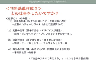＜判断基準作成２＞
どの仕事をしたいですか？
＜仕事の４つの分野＞
１）成長の仕事（何でも経験したい・失敗は厭わない）
→成長ベンチャービジネス（会社の規模問わず）
２）支援の仕事（黒子が好き・アドバイスが得意）
→銀行・コンサルタント・プロフェッショナルサービス
３）運営の仕事（コツコツ働く・カイゼンが得意）
→物流・サービスセンター・テレフォンセンター等
４）再生の仕事（嫌われ者でもOK・問題解決が生き甲斐）
→事業再生関わる仕事
（「自分のアタマで考えよう」ｐ１６３ちきりん著参照）
Copyright(c) New beginnings, Inc. All rights reserved.
 