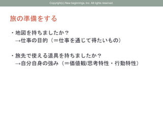 旅の準備をする
・地図を持ちましたか？
→仕事の目的（＝仕事を通じて得たいもの）
・旅先で使える道具を持ちましたか？
→自分自身の強み（＝価値観/思考特性・行動特性）
Copyright(c) New beginnings, Inc. All rights reserved.
 