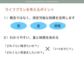 ライフプランを考えるポイント
１）概念ではなく、測定可能な指標を活用します
質 量 期限
２）わかりやすい、量と納期を決める
「どれぐらい稼ぎたいか？」
「どれくらい昇進をしたいか？」
「いつまでに？」
Copyright(c) New beginnings, Inc. All rights reserved.
 
