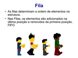 Fila
• As filas determinam a ordem de elementos na
estrutura.
• Nas Filas, os elementos são adicionados na
última posição e removidos da primeira posição.
FIFO
 