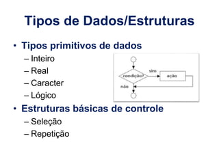 Tipos de Dados/Estruturas
• Tipos primitivos de dados
– Inteiro
– Real
– Caracter
– Lógico
• Estruturas básicas de controle
– Seleção
– Repetição
 
