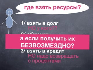 где взять ресурсы?
1/ взять в долг
НО у кого??
2/ обменять
НО надо иметь то, на
что обменивать
3/ взять в кредит
НО надо возвращать
с процентами
а если получить их
БЕЗВОЗМЕЗДНО?
 