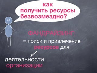 как
получить ресурсы
безвозмездно?
ФАНДРАЙЗИНГ:
= поиск и привлечение
ресурсов для
деятельности
организации
 