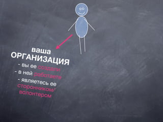 вашаОРГАНИЗАЦИЯ- вы ее создали- в ней работаете- являетесь еесторонником/волонтером
 
