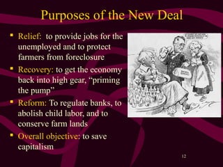 12
Purposes of the New Deal
 Relief: to provide jobs for the
unemployed and to protect
farmers from foreclosure
 Recovery: to get the economy
back into high gear, “priming
the pump”
 Reform: To regulate banks, to
abolish child labor, and to
conserve farm lands
 Overall objective: to save
capitalism
 