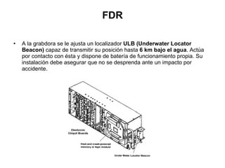 FDR A la grabdora se le ajusta un localizador  ULB (Underwater Locator Beacon)  capaz de transmitir su posición hasta  6 km bajo   el agua . Actúa por contacto con ésta y dispone de batería de funcionamiento propia. Su instalación debe asegurar que no se desprenda ante un impacto por accidente. 