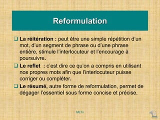 Reformulation
 La réitération : peut être une simple répétition d’un
mot, d’un segment de phrase ou d’une phrase
entière, stimule l’interlocuteur et l’encourage à
poursuivre.
 Le reflet : c’est dire ce qu’on a compris en utilisant
nos propres mots afin que l’interlocuteur puisse
corriger ou compléter.
 Le résumé, autre forme de reformulation, permet de
dégager l’essentiel sous forme concise et précise,
MLTv
 