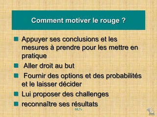 Comment motiver le rouge ?
 Appuyer ses conclusions et les
mesures à prendre pour les mettre en
pratique
 Aller droit au but
 Fournir des options et des probabilités
et le laisser décider
 Lui proposer des challenges
 reconnaître ses résultats
MLTv
 