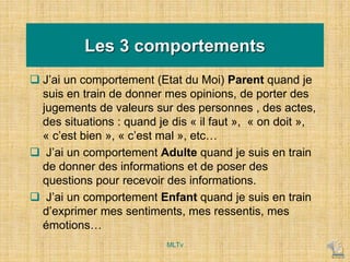 Les 3 comportements
 J’ai un comportement (Etat du Moi) Parent quand je
suis en train de donner mes opinions, de porter des
jugements de valeurs sur des personnes , des actes,
des situations : quand je dis « il faut », « on doit »,
« c’est bien », « c’est mal », etc…
 J’ai un comportement Adulte quand je suis en train
de donner des informations et de poser des
questions pour recevoir des informations.
 J’ai un comportement Enfant quand je suis en train
d’exprimer mes sentiments, mes ressentis, mes
émotions…
MLTv
 