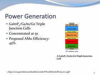 Power Generation
 GaInP2/GaAs/Ge Triple
Junction Cells
 Concentrated at 5x
 Proposed AM0 Efficiency:
45%
A GaInP2/GaAs/GeTriple Junction
Cell
1. http://www.spectrolab.com/DataSheets/cells/PV%20XTJ%20Cell%205-20-10.pdf 17
 