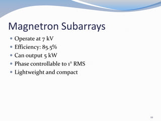 Magnetron Subarrays
 Operate at 7 kV
 Efficiency: 85.5%
 Can output 5 kW
 Phase controllable to 1° RMS
 Lightweight and compact
22
 