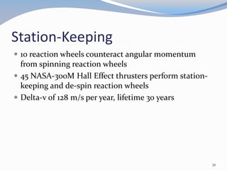 Station-Keeping
 10 reaction wheels counteract angular momentum
from spinning reaction wheels
 45 NASA-300M Hall Effect thrusters perform station-
keeping and de-spin reaction wheels
 Delta-v of 128 m/s per year, lifetime 30 years
32
 