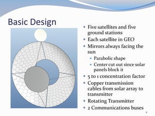 Basic Design  Five satellites and five
ground stations
 Each satellite in GEO
 Mirrors always facing the
sun
 Parabolic shape
 Center cut out since solar
panels block it
 5 to 1 concentration factor
 Copper transmission
cables from solar array to
transmitter
 Rotating Transmitter
 2 Communications buses
6
 