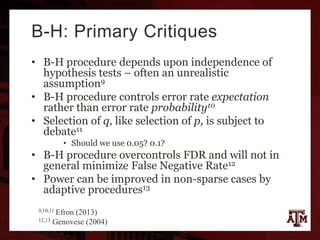 B-H: Primary Critiques
• B-H procedure depends upon independence of
hypothesis tests – often an unrealistic
assumption9
• B-H procedure controls error rate expectation
rather than error rate probability10
• Selection of q, like selection of p, is subject to
debate11
• Should we use 0.05? 0.1?
• B-H procedure overcontrols FDR and will not in
general minimize False Negative Rate12
• Power can be improved in non-sparse cases by
adaptive procedures13
9,10,11 Efron (2013)
12,13 Genovese (2004)
 