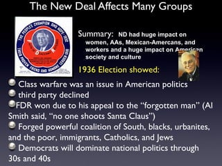 The New Deal Affects Many Groups
Summary: ND had huge impact on
women, AAs, Mexican-Amercans, and
workers and a huge impact on American
society and culture
1936 Election showed:
Class warfare was an issue in American politics
third party declined
FDR won due to his appeal to the “forgotten man” (Al
Smith said, “no one shoots Santa Claus”)
Forged powerful coalition of South, blacks, urbanites,
and the poor, immigrants, Catholics, and Jews
Democrats will dominate national politics through
30s and 40s
 