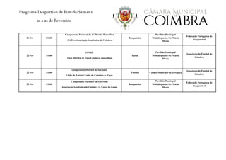 Programa Desportivo de Fim-de-Semana
21 a 22 de Fevereiro
21-Fev 21h00
Campeonato Nacional da 1.ª Divisão Masculina
CAD vs Associação Académica de Coimbra
Basquetebol
Pavilhão Municipal
Multidesportos Dr. Mário
Mexia
Federação Portuguesa de
Basquetebol
22-Fev 11h00
FINAL
Taça Distrital de Futsal juniores masculinos
Futsal
Pavilhão Municipal
Multidesportos Dr. Mário
Mexia
Associação de Futebol de
Coimbra
22-Fev 11h00
Campeonato Distrital de Iniciados
Clube de Futebol União de Coimbra vs Vigor
Futebol Campo Municipal da Arregaça
Associação de Futebol de
Coimbra
22-Fev 15h00
Campeonato Nacional da II Divisão
Associação Académica de Coimbra vs Vasco da Gama
Basquetebol
Pavilhão Municipal
Multidesportos Dr. Mário
Mexia
Federação Portuguesa de
Basquetebol
 