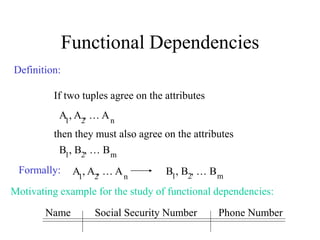 Functional Dependencies
Definition:
If two tuples agree on the attributes
A , A , … A
1 2 n
then they must also agree on the attributes
B , B , … B
1 2 m
Formally:
A , A , … A
1 2 n
B , B , … B
1 2 m
Motivating example for the study of functional dependencies:
Name Social Security Number Phone Number
 