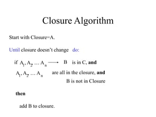 Closure Algorithm
Start with Closure=A.
Until closure doesn’t change do:
if is in C, and
B is not in Closure
then
add B to...