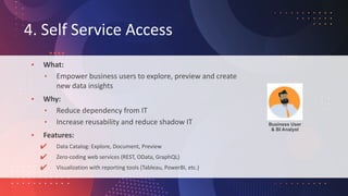 4. Self Service Access
• What:
• Empower business users to explore, preview and create
new data insights
• Why:
• Reduce d...