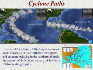 Hurricane Bill, 2009 
Hurricane Dean, 2007 
Cyclone Paths 
Because of the Coriolis Effect, most cyclones 
track clockwise in the Northern Hemisphere 
and counterclockwise in the southern, though 
the amount of deflection can vary. A few have 
relatively straight paths. 
 