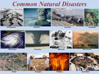 Common Natural Disasters 
Earthquakes Volcanoes Tsunamis Landslides 
Hurricanes Tornadoes Blizzards Dust Storms 
Floods Droughts Wildfires Sink Holes 
 