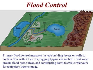 Flood Control 
Primary flood control measures include building levees or walls to 
contain flow within the river, digging bypass channels to divert water 
around flood-prone areas, and constructing dams to create reservoirs 
for temporary water storage. 
 