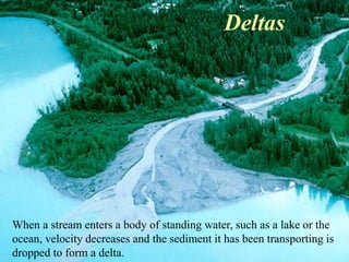 Deltas 
When a stream enters a body of standing water, such as a lake or the 
ocean, velocity decreases and the sediment it has been transporting is 
dropped to form a delta. 
 