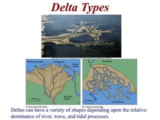 Delta Types 
Deltas can have a variety of shapes depending upon the relative 
dominance of river, wave, and tidal processes. 
 
